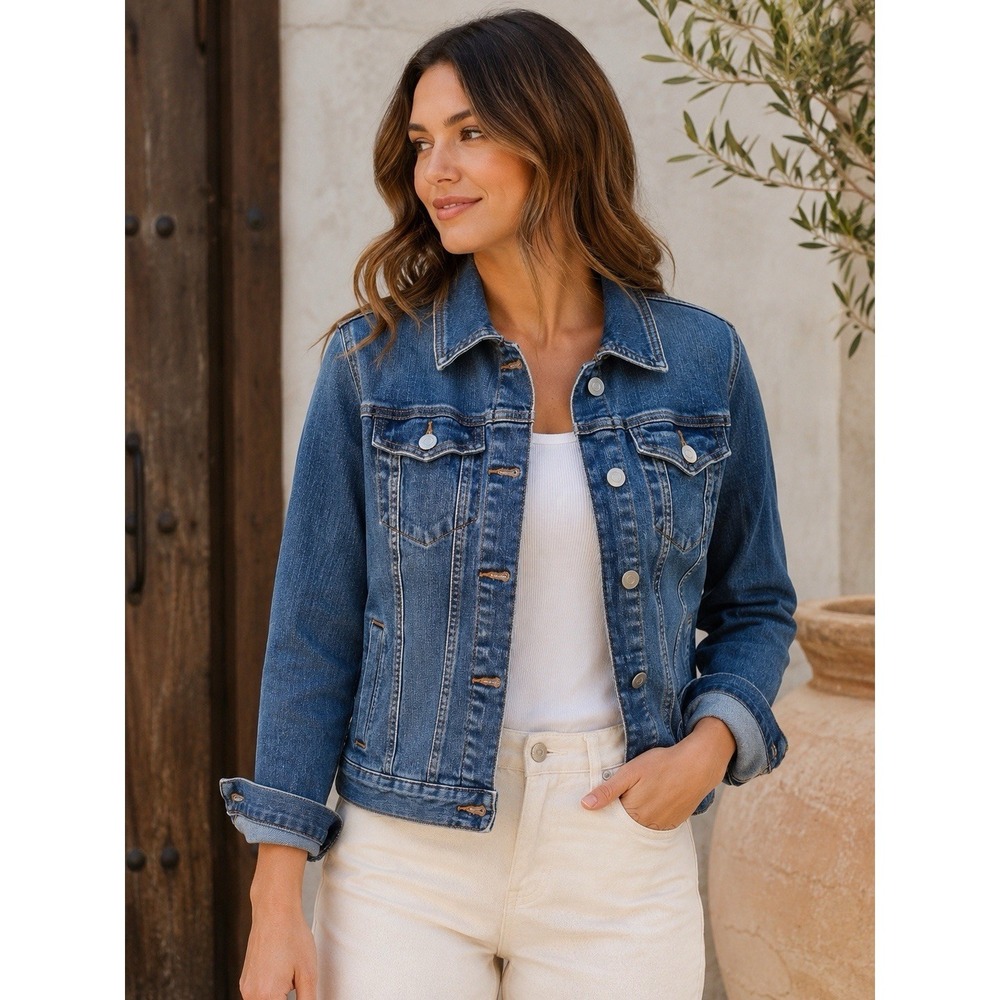 Women's Medium Blue Stretch Denim Trucker Jacket Button Front‎ Casual Layering